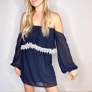 Judith March Dark Blue Off the Shoulder Dress with Cream Lace